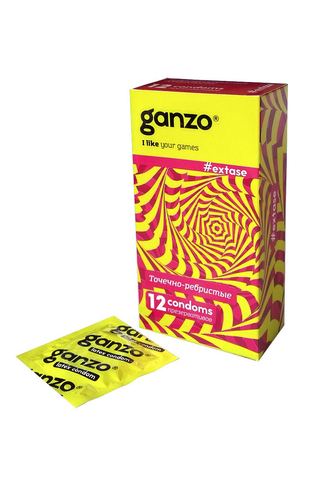 Презервативы Ganzo, extase, латекс, точечные, ребристые, анатомичные, 18 см, 5,2 см, 12 шт.
