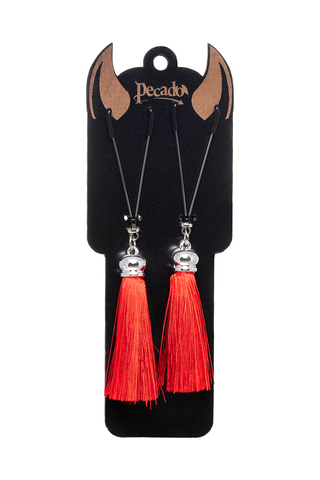 Зажимы на соски Pecado BDSM, «Вилки», с кисточками из шелка, металл, красные