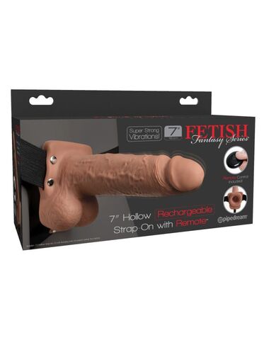 Перезаряжаемый универсальный полый вибрострапон с пультом ДУ Fetish Fantasy 7 Hollow Rechargeable Strap-On Remote Tan