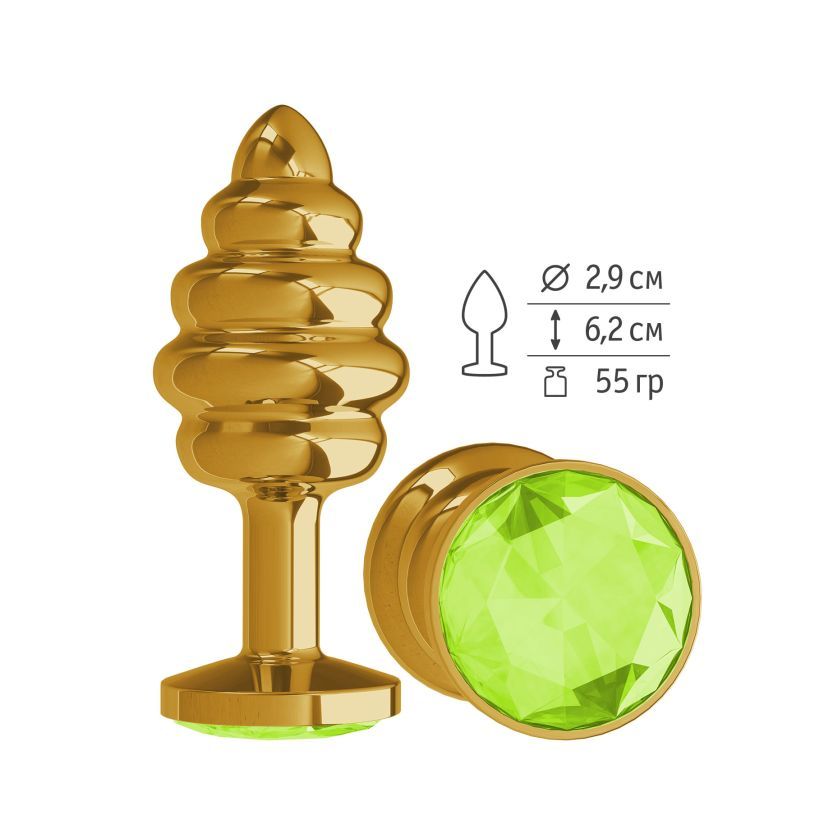 Анальная  втулка Gold Spiral с салатовым кристаллом фото