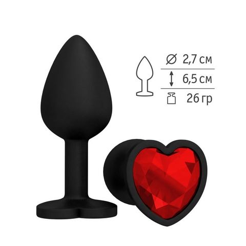 Анальная втулка силиконовая черная с красным кристаллом сердце
