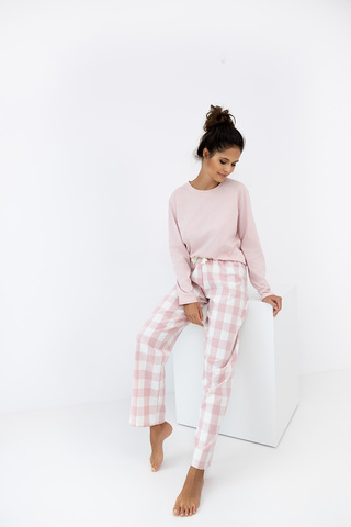 Женская пижама Saylor с прямыми брюками и однотонным лонгсливом. Брюки в крупную клетку с контрастны