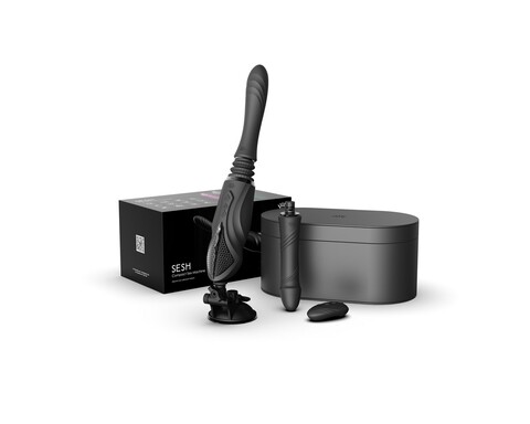 Компактная секс-машина с функцией нагрева, двумя насадками и присоской SESH, чёрная