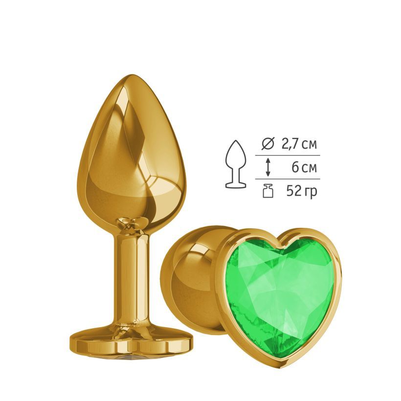 Анальная втулка Gold с зеленым кристаллом сердце маленькая фото