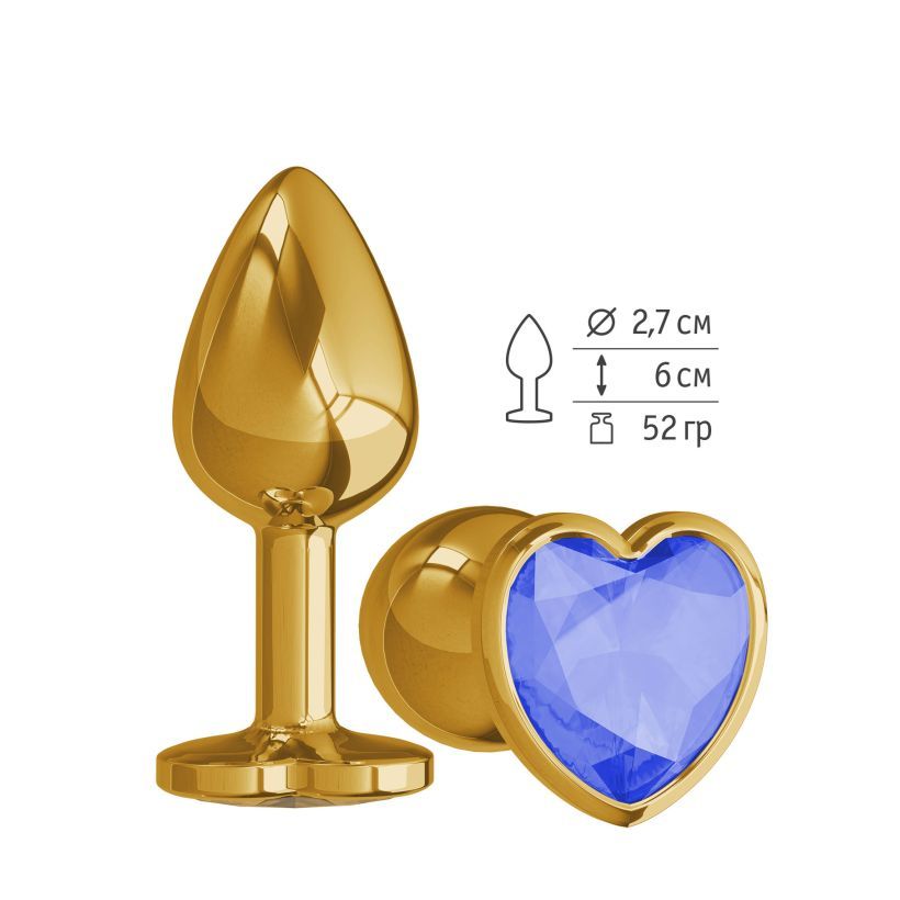 Анальная втулка Gold с синим кристаллом сердце маленькая фото