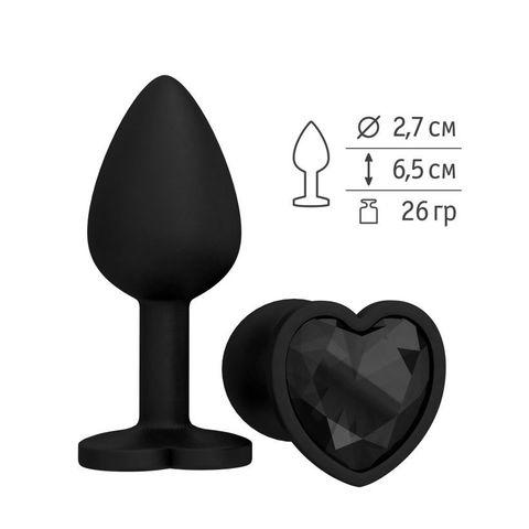Анальная втулка силиконовая черная с черным кристаллом сердце
