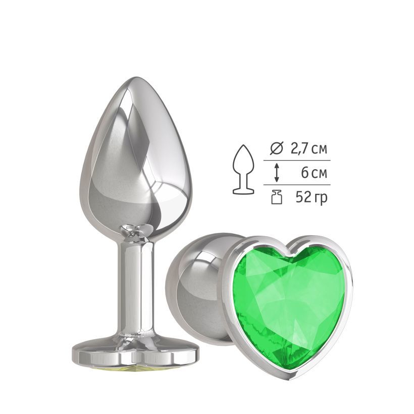 Анальная втулка Silver с зеленым кристаллом сердце маленькая фото