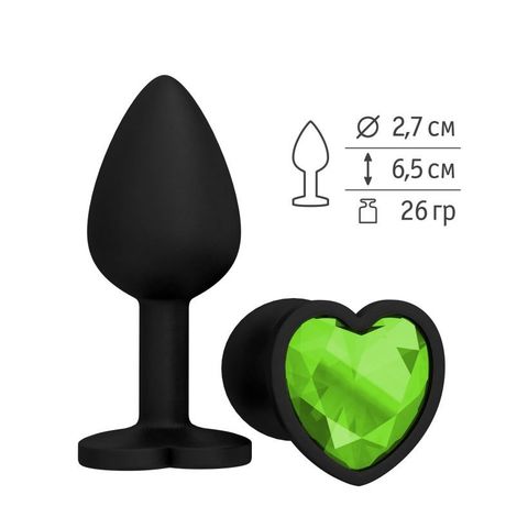 Анальная втулка силиконовая черная с салатовым кристаллом сердце