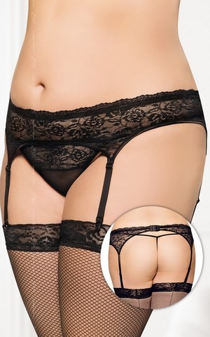 Пояс для чулок и стринги кружевные SoftLine Collection, черный, XL
