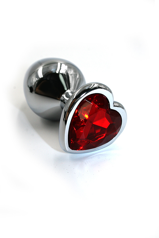 Серебряная анальная пробка с ярко-красным кристаллом в форме сердца (Medium) фото
