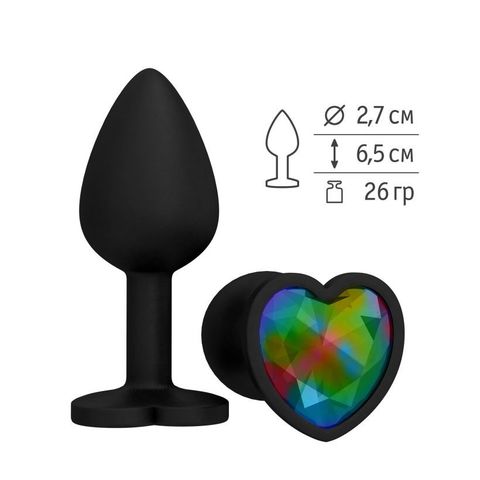 Анальная втулка силиконовая черная с разноцветным кристаллом сердце