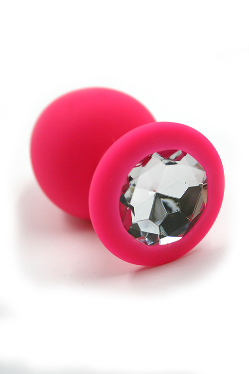 Розовая анальная пробка из силикона с прозрачным кристаллом (Medium) фото