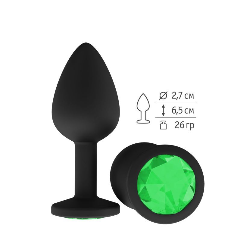 Анальная втулка силиконовая черная с зеленым кристаллом маленькая фото