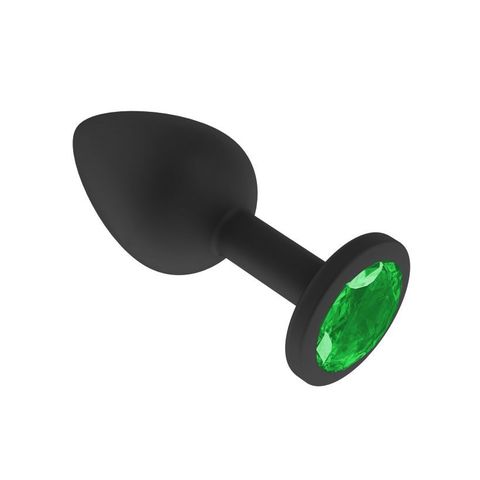 Анальная втулка силиконовая черная с зеленым кристаллом маленькая