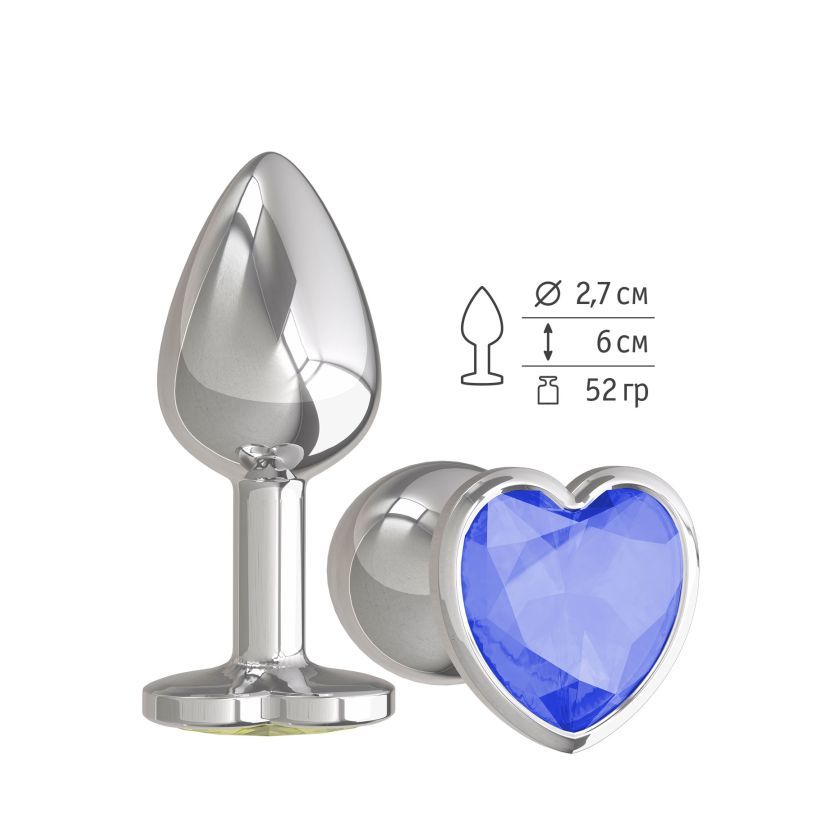 Анальная втулка Silver с синим кристаллом сердце маленькая фото