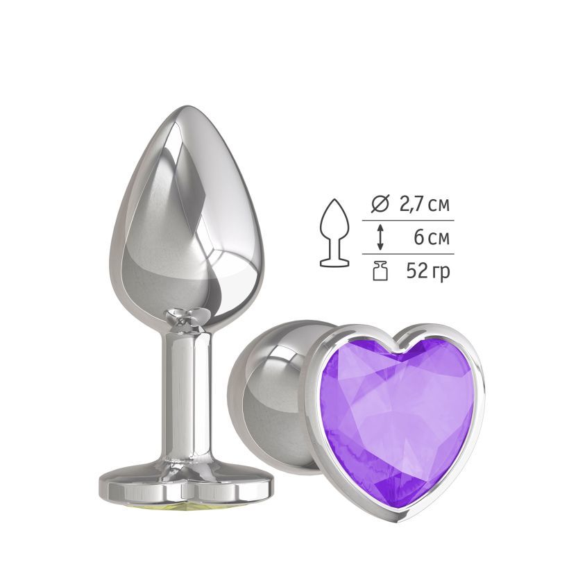 Анальная втулка Silver с фиолетовым кристаллом сердце маленькая фото