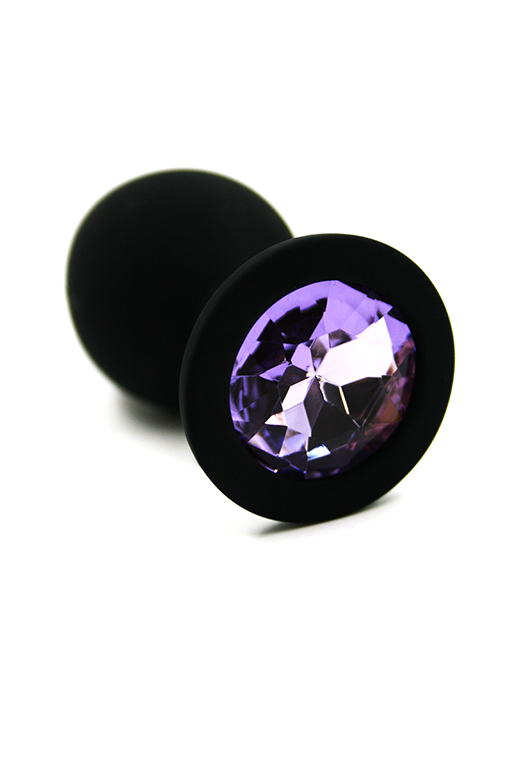 Черная анальная пробка из силикона с нежно-фиолетовым кристаллом (Medium) фото