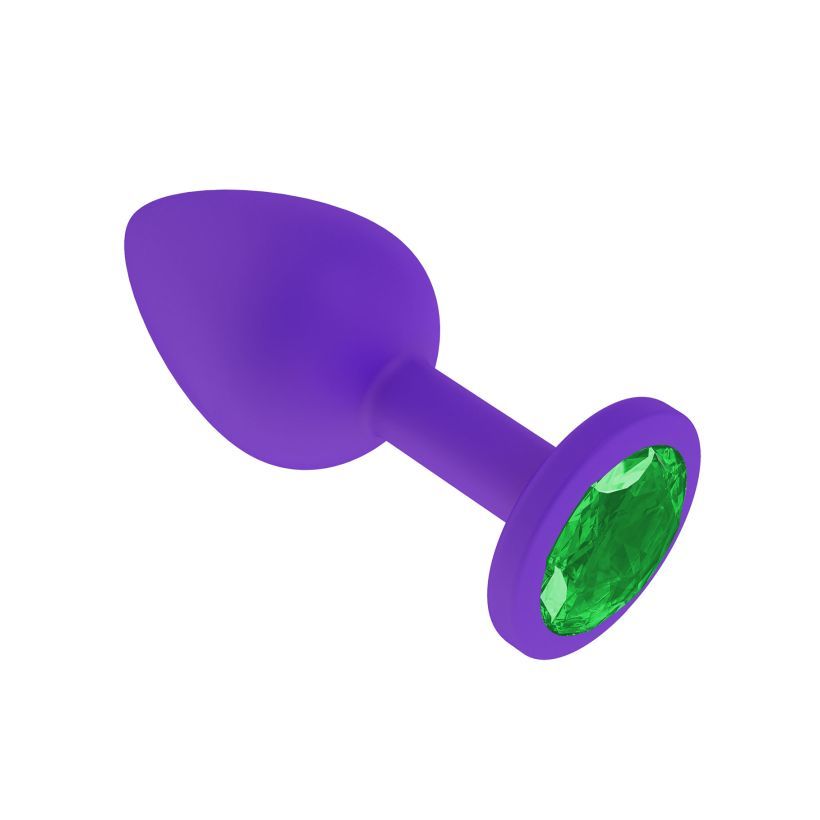 Анальная втулка силиконовая фиолетовая с зеленым кристаллом маленькая фото