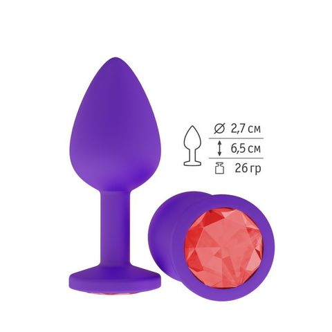 Анальная втулка силиконовая фиолетовая с красным кристаллом маленькая