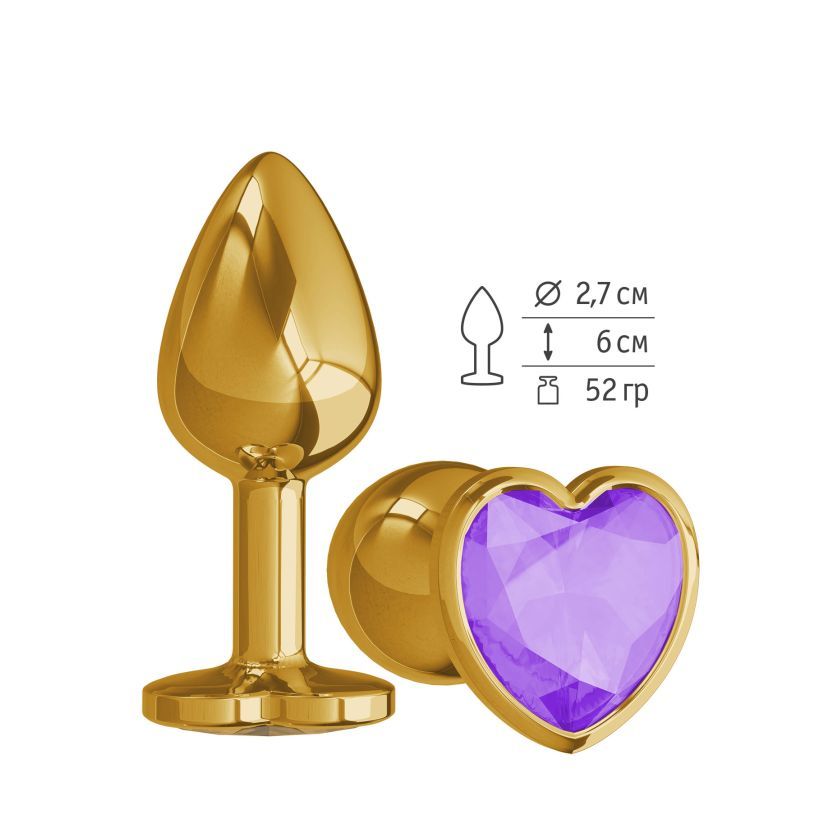 Анальная втулка Gold с фиолетовым кристаллом сердце маленькая фото