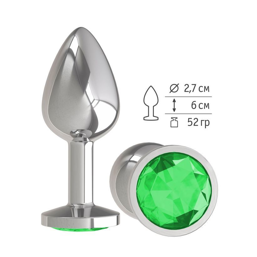 Анальная втулка Silver с зелёным кристаллом маленькая фото