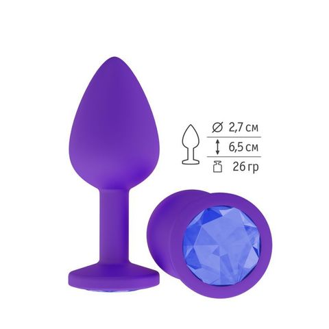 Анальная втулка силиконовая фиолетовая с синим кристаллом маленькая