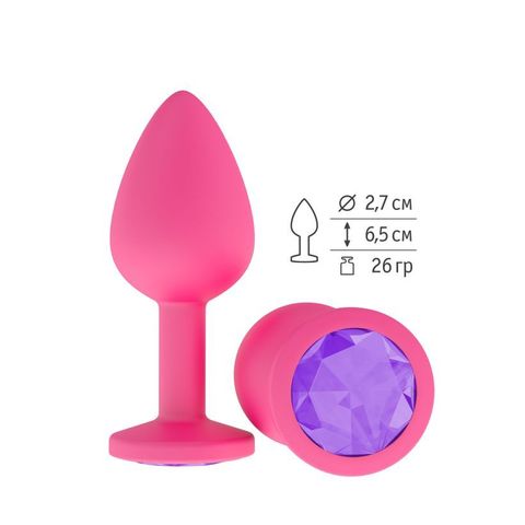 Анальная втулка силиконовая розовая с фиолетовым кристаллом маленькая