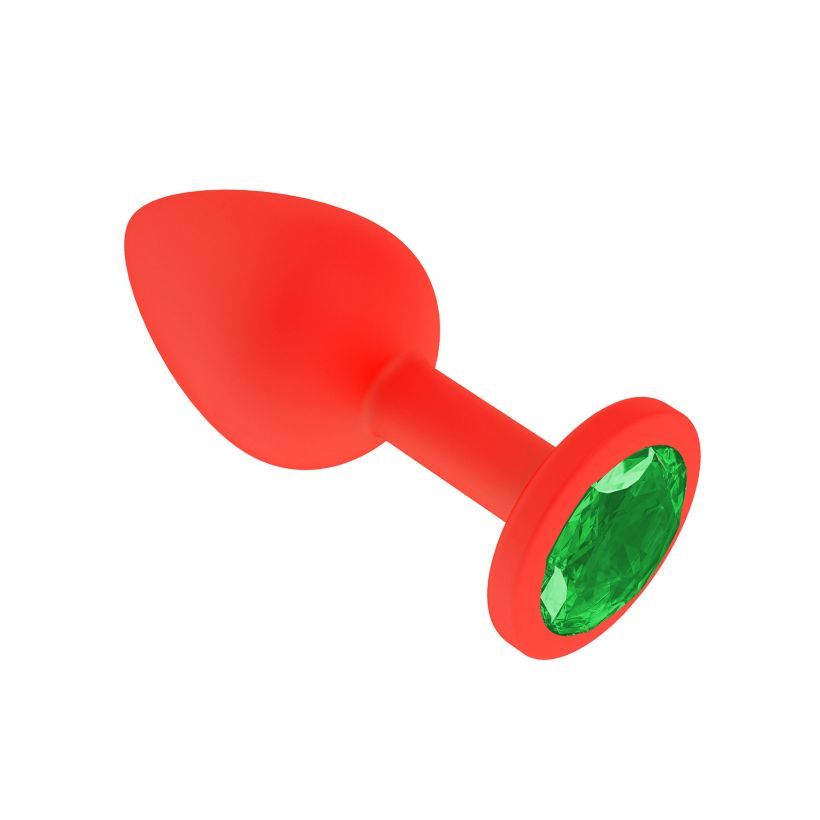 Анальная втулка силиконовая красная с зелёным кристаллом маленькая фото
