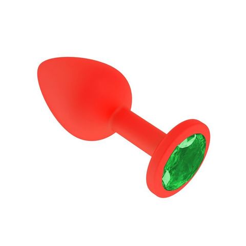 Анальная втулка силиконовая красная с зелёным кристаллом маленькая