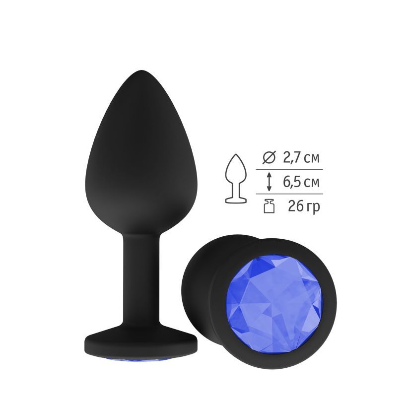 Анальная втулка силиконовая чёрная с синим кристаллом маленькая фото
