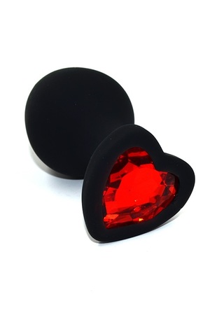 Черная анальная пробка из силикона с красным кристаллом в форме сердца (Medium)