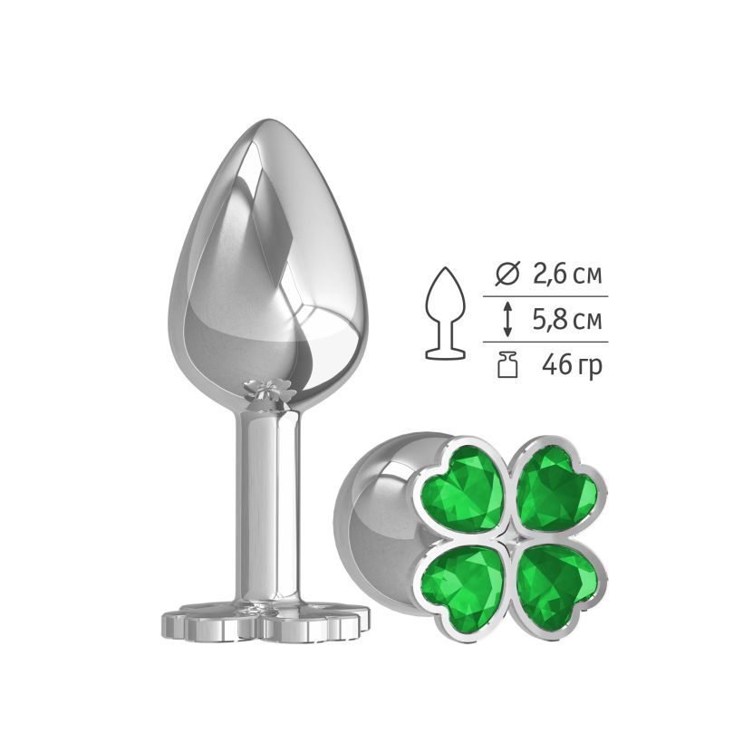 Анальная втулка малая Silver Клевер с зеленым кристаллом фото