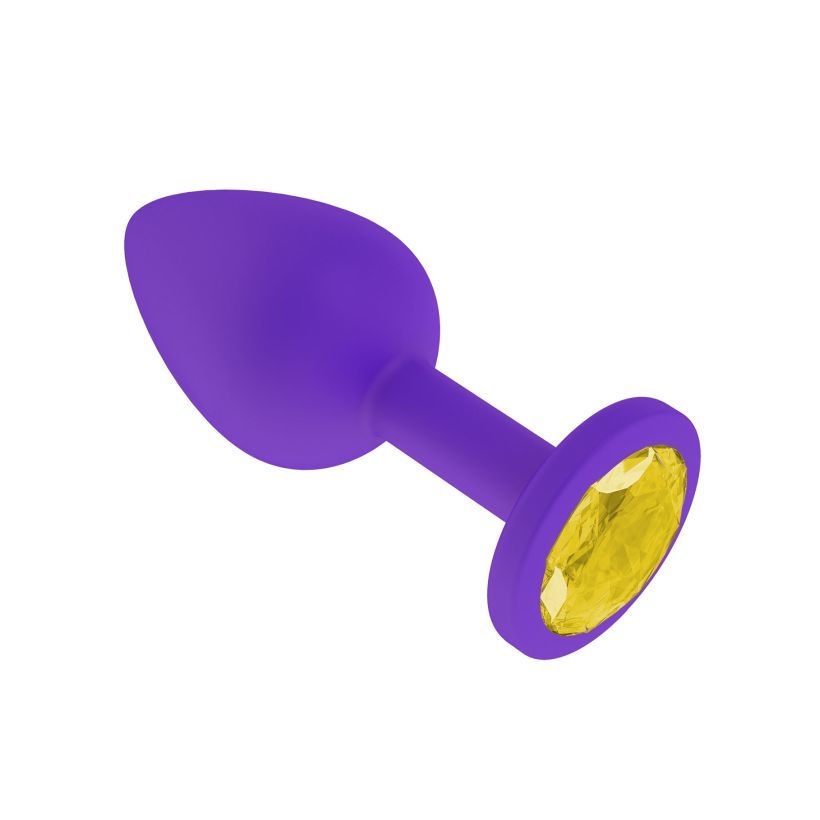 Анальная втулка силиконовая фиолетовая с желтым кристаллом маленькая фото