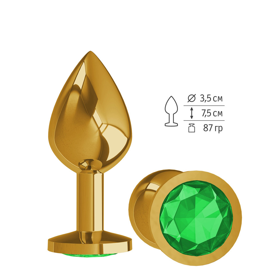Анальная втулка Gold с зеленым кристаллом средняя фото