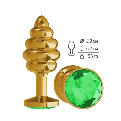 Анальная втулка Gold Spiral с зеленым кристаллом маленькая