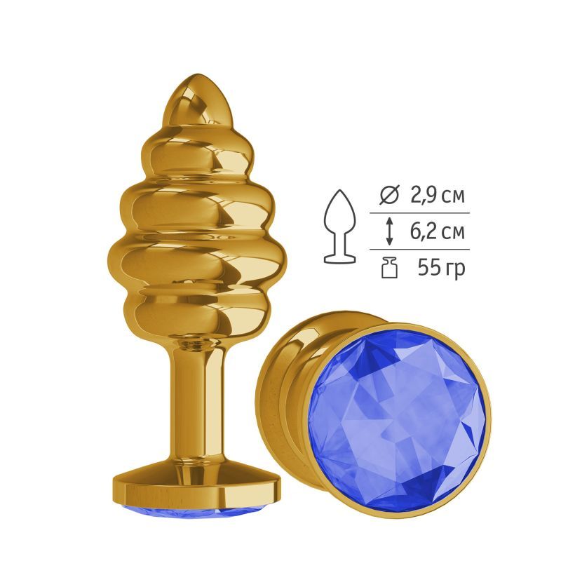 Анальная втулка Gold Spiral с синим кристаллом маленькая фото
