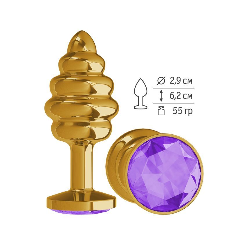 Анальная втулка Gold Spiral с фиолетовым кристаллом маленькая фото