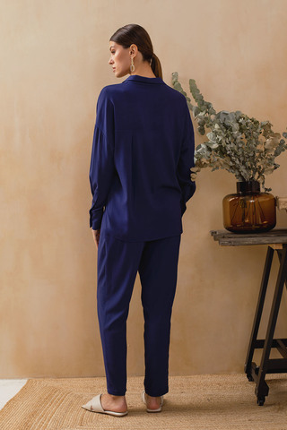 Легкие домашние брюки синего цвета из натуральной ткани