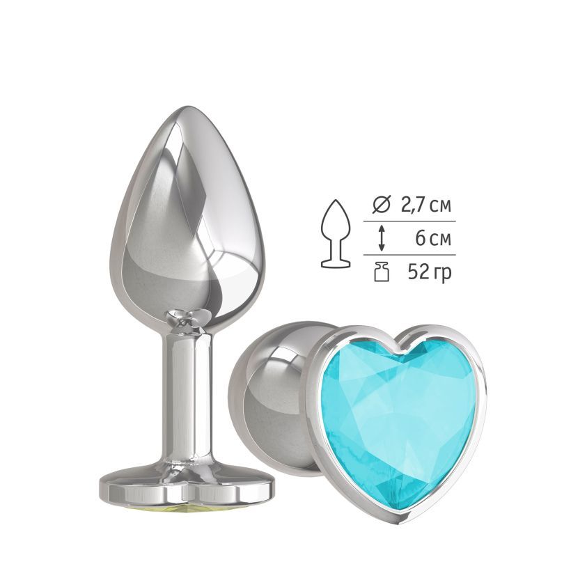 Анальная втулка Silver с голубым кристаллом сердце маленькая фото