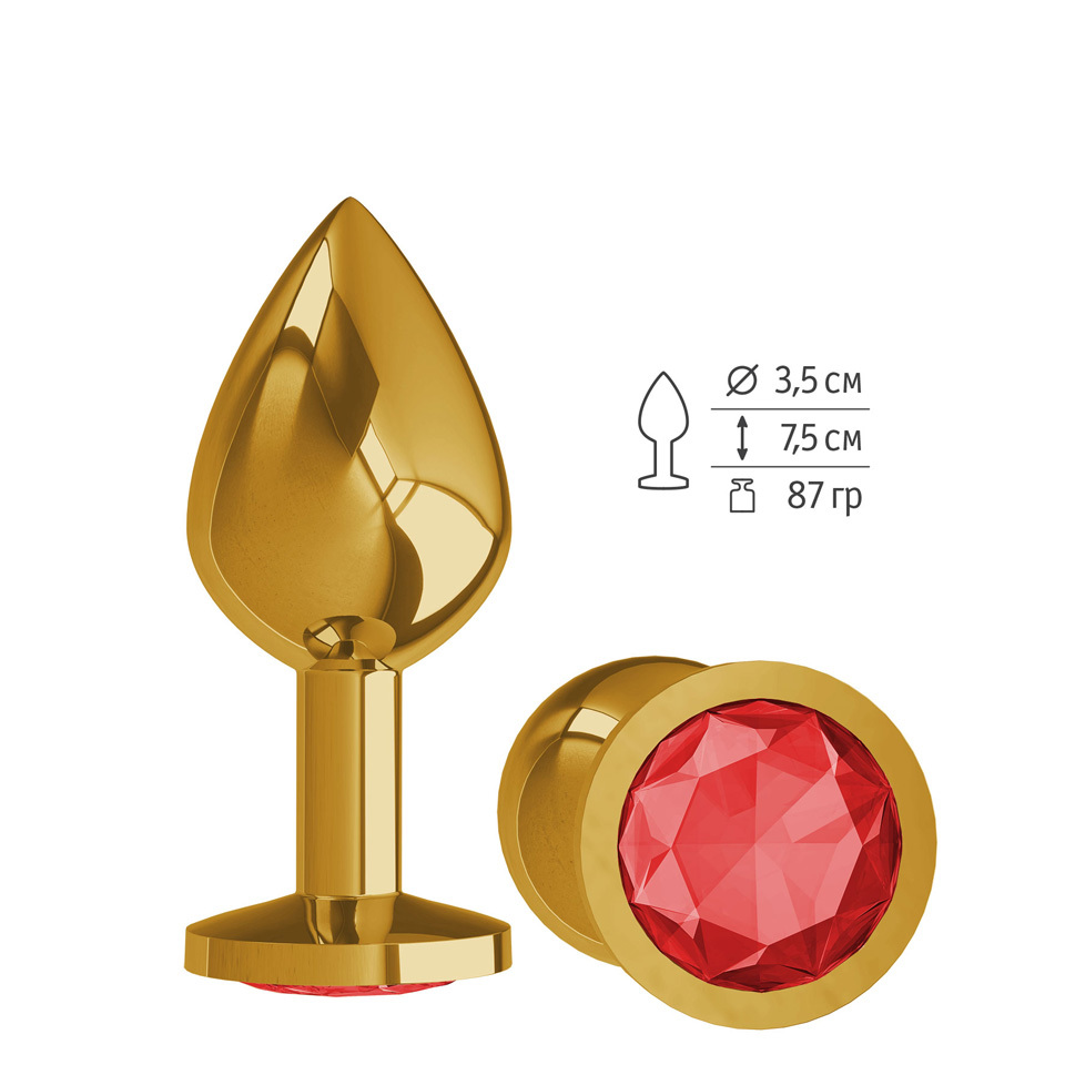 Анальная втулка Gold с красным кристаллом средняя фото