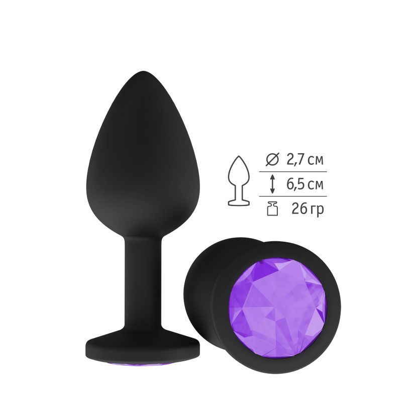 Анальная втулка силиконовая черная с фиолетовым кристаллом маленькая фото
