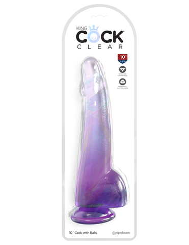 Прозрачный фаллоимитатор с мошонкой на присоске King Cock Clear 10, фиолетовый
