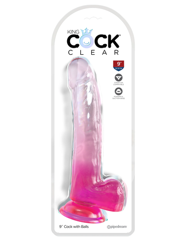 Прозрачный фаллоимиатор с мошонкой King Cock Clear 9, розовый