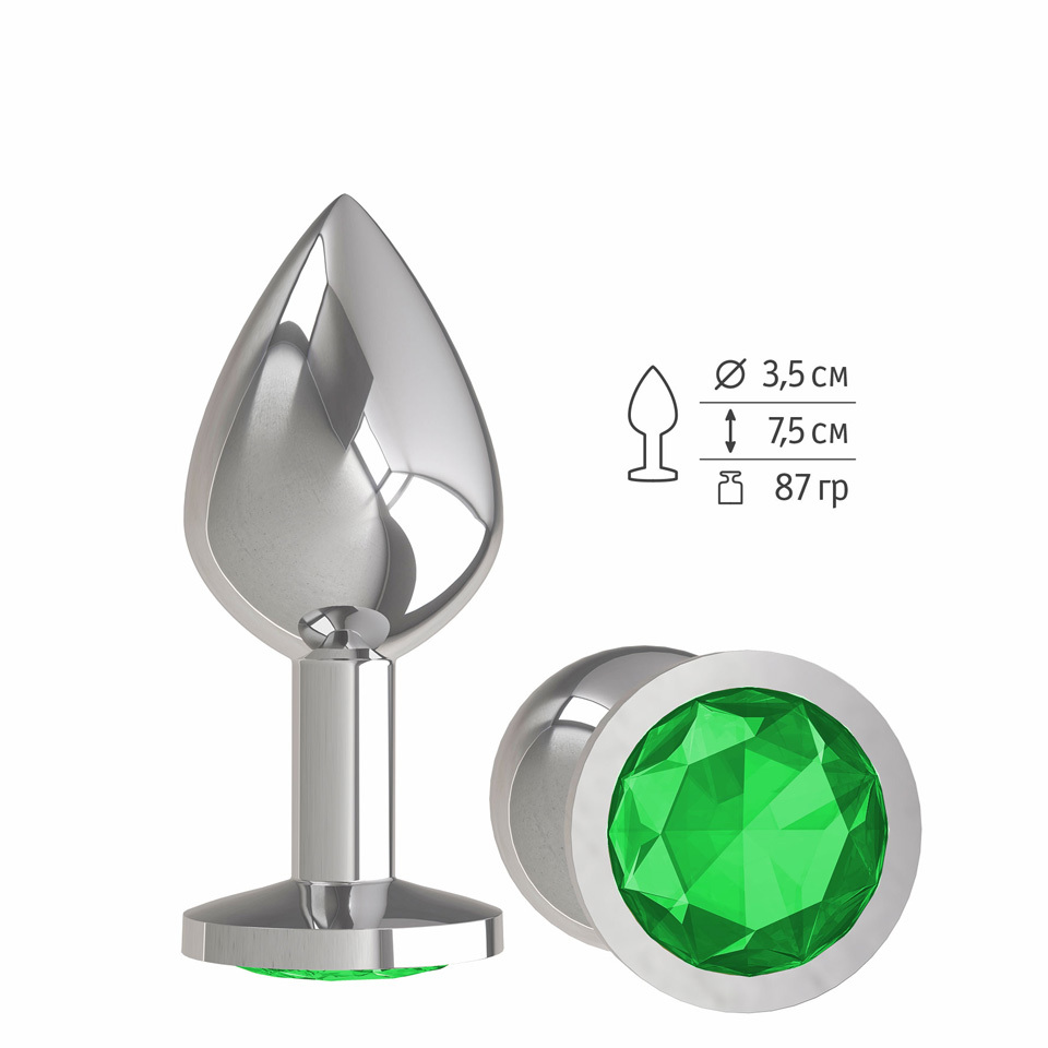 Анальная втулка Silver с зеленым кристаллом средняя фото
