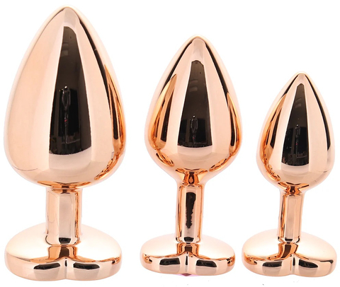 Алюминиевая анальная пробка розовое золото с розовым кристаллом в форме сердца (размер S)