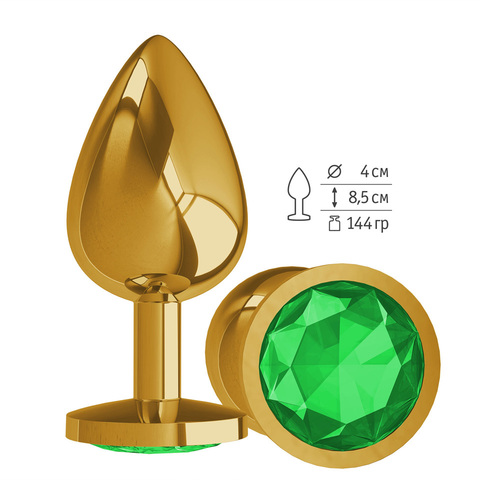 Gold Анальная втулка с зеленым кристаллом большая