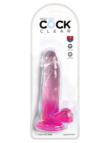 Прозрачный фаллоимитатор с мошонкой на присоске King Cock Clear 7, розовый