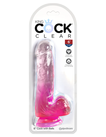 Прозрачный фаллоимитатор с мошонкой на присоске King Cock Clear 6, розовый