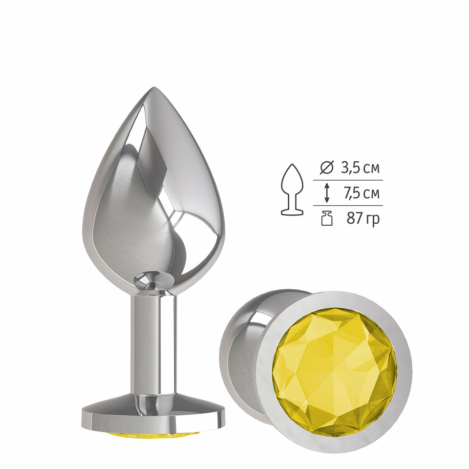 Анальная втулка Silver с желтым кристаллом средняя фото