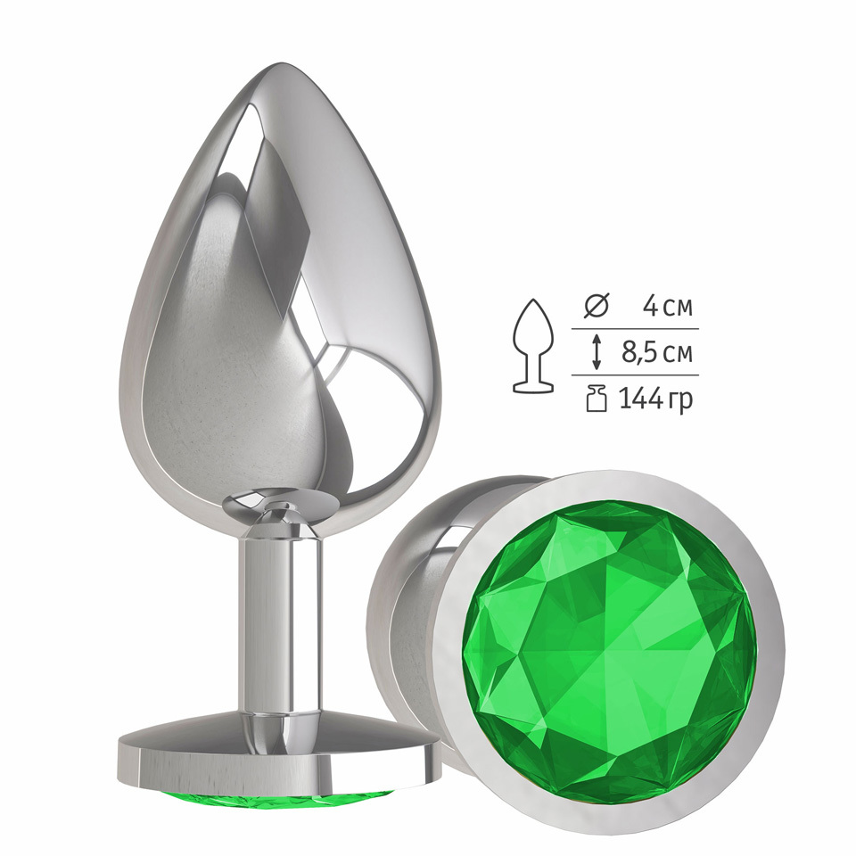 Анальная втулка Silver с зеленым кристаллом большая фото